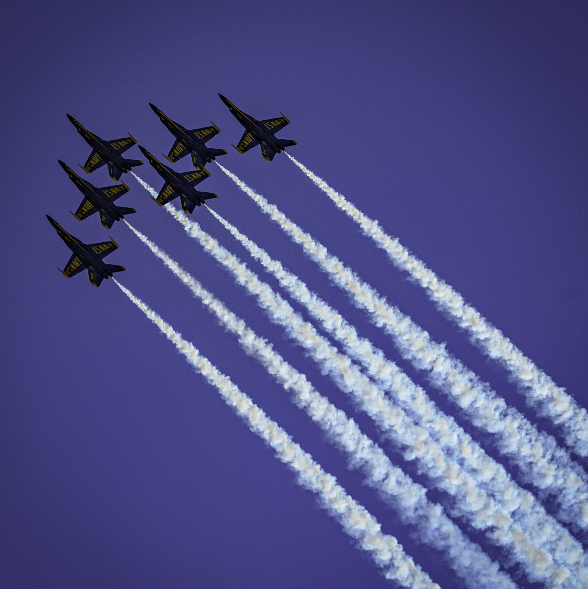 Six Jets Flying in the Blue Sky With a White Trail