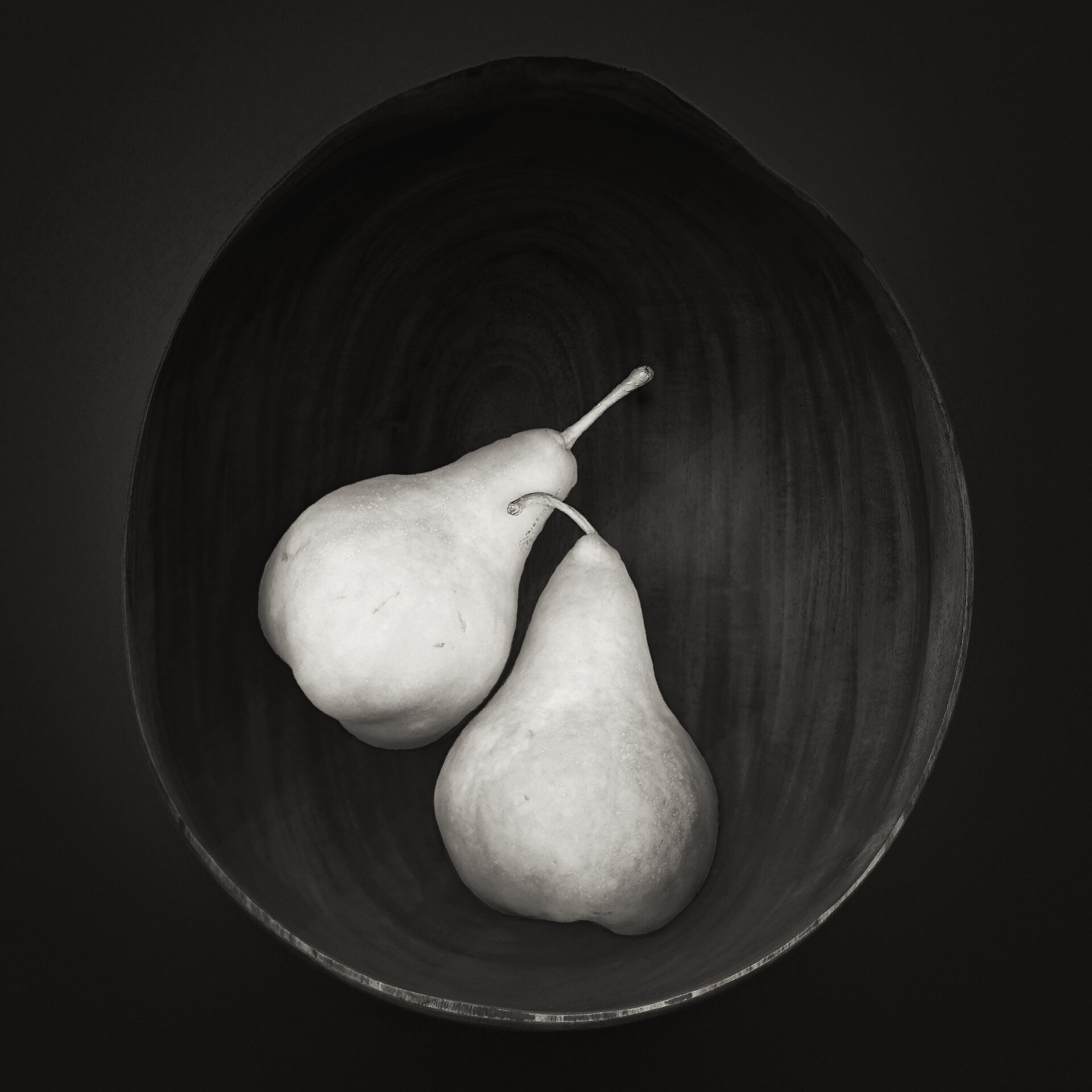 Two Pears in a Wooden Bowl Black and White Image